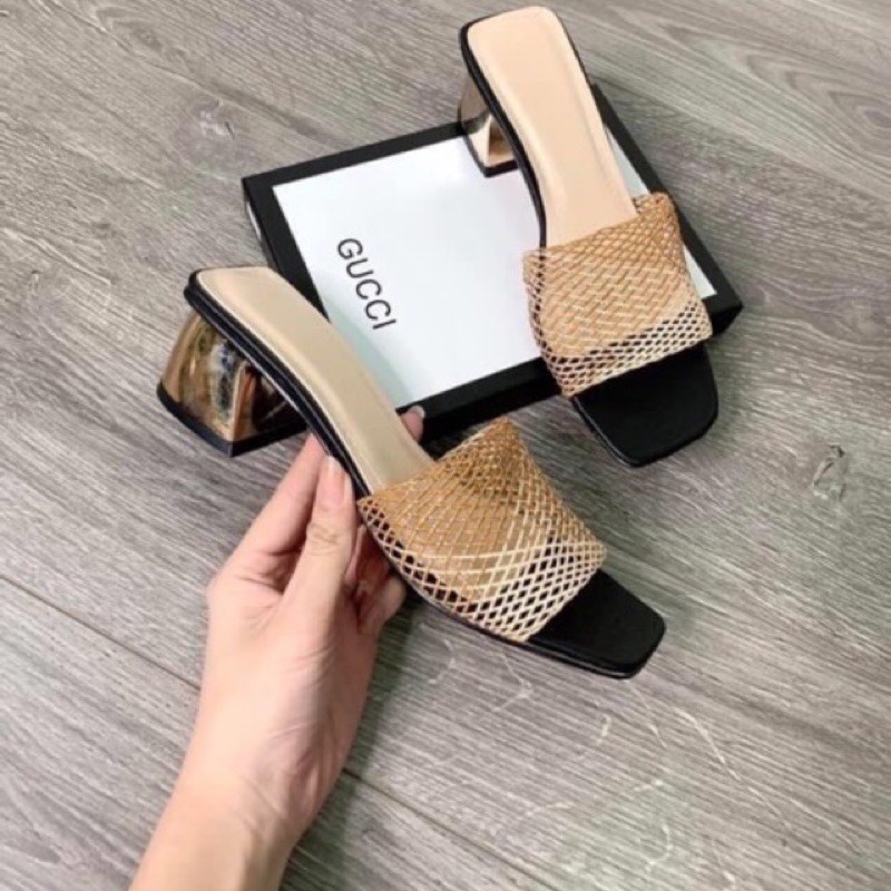 Guốc cao gót 5p màu đồng quai lưới đan