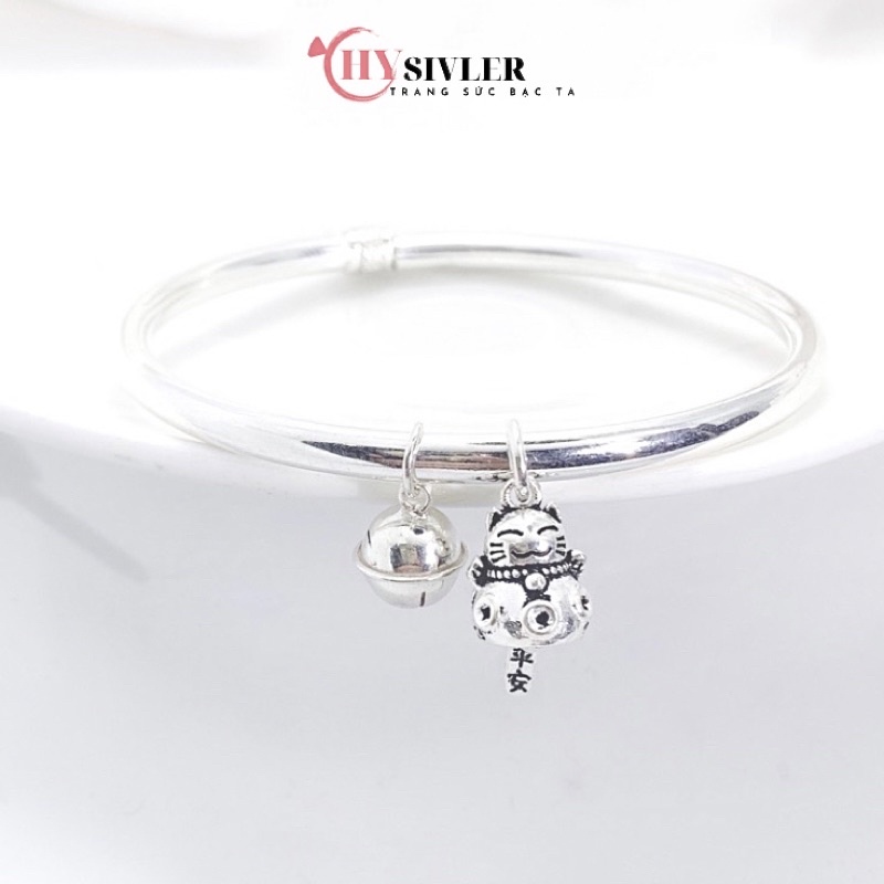 Kiềng tay bạc ta charm mèo thần tài mix chuông dễ thương kiềng tay lắc tay bạc nữ dày dặn