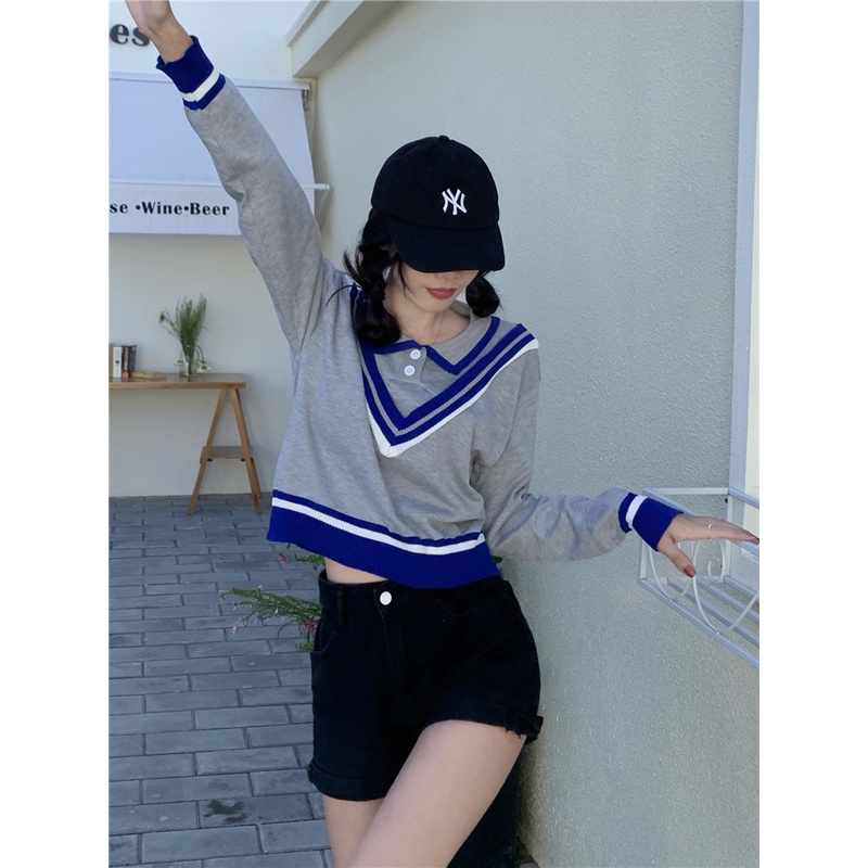 ZHELIHANGFEI Áo Len Tay Dài Giả Hai Lớp Cổ Bẻ Form Rộng Họa Tiết Preppy