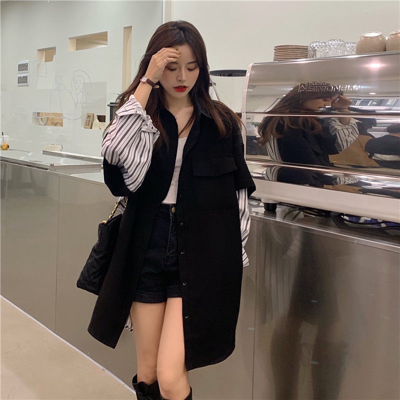 Áo Sơ Mi Tay Dài Dáng Rộng Giả Hai Lớp Họa Tiết Kẻ Sọc Phong Cách Hàn Quốc Thời Trang 2022 Cho Nữ