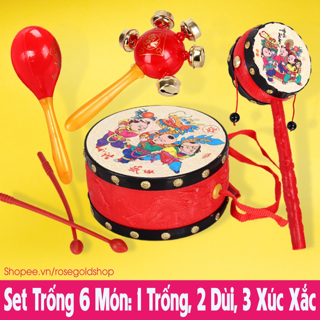 Bộ Trống Trung Thu 6 món: 1 Trống, 2 Dùi, 3 Xúc Xắc vui nhộn cho bé yêu