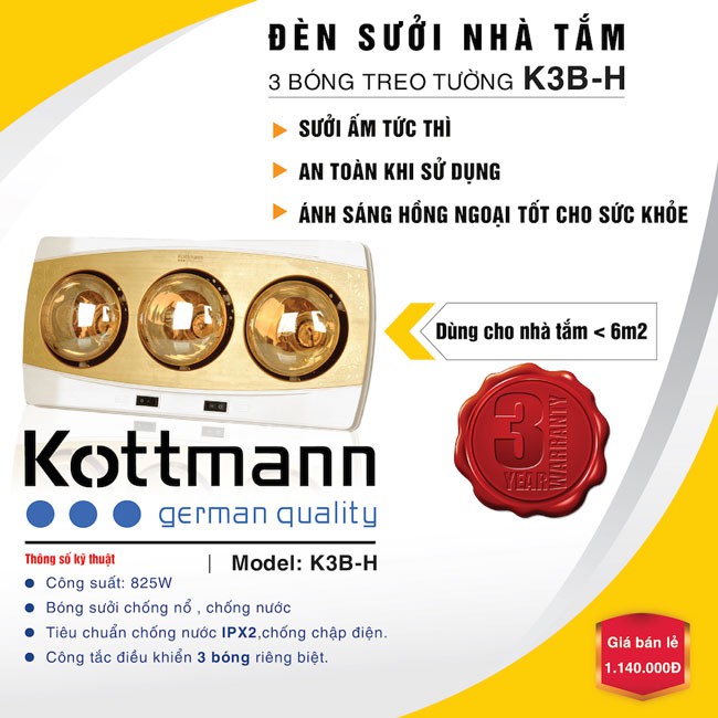 Đèn sưởi nhà tắm Kottmann 3 bóng - K3BH