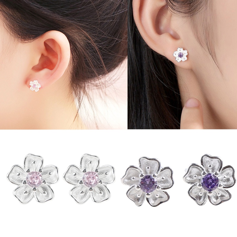 Khuyên Tai Hình Hoa Anh Đào Đính Đá Zircon Màu Hồng / Tím