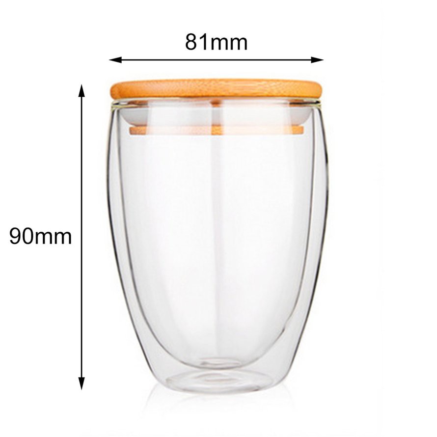 Ly Thủy Tinh 2 Lớp Trong Suốt + Nắp Gỗ Tre Đựng Cà Phê Sữa