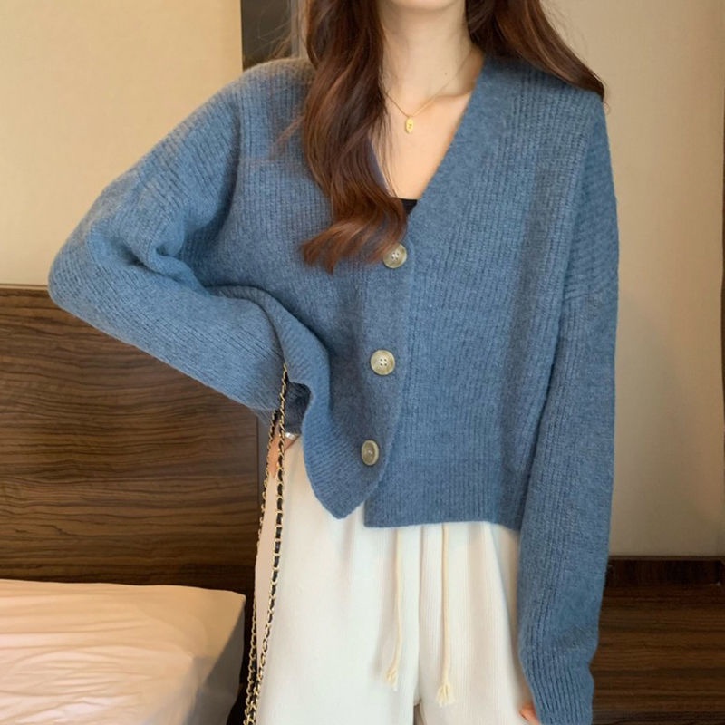 Áo Sweater Dệt Kim Tay Dài Dáng Rộng Cổ V Xinh Xắn Cho Nữ