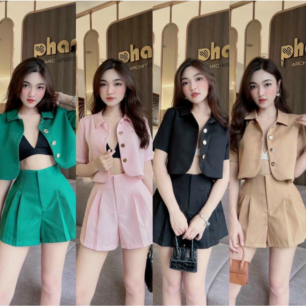 Set bộ vest đùi hàn quốc 3 món,set áo croptop + quần short phồng kèm áo bra quyến rũ, chanh xả
