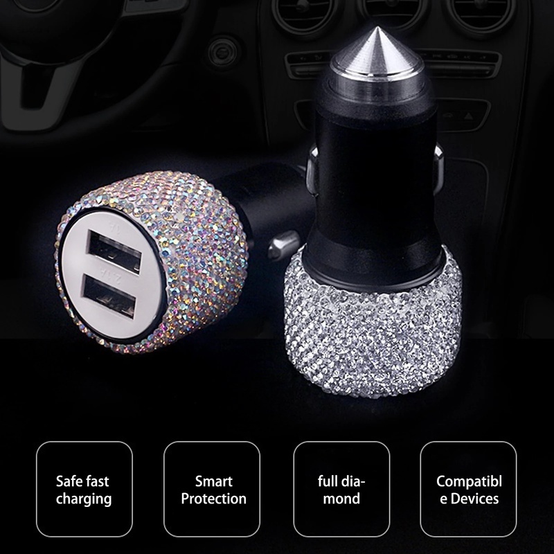 Bộ Sạc Nhanh USB Kép Đính Đá Chất Lượng Cao Cho iPhone / Android / Xe Hơi