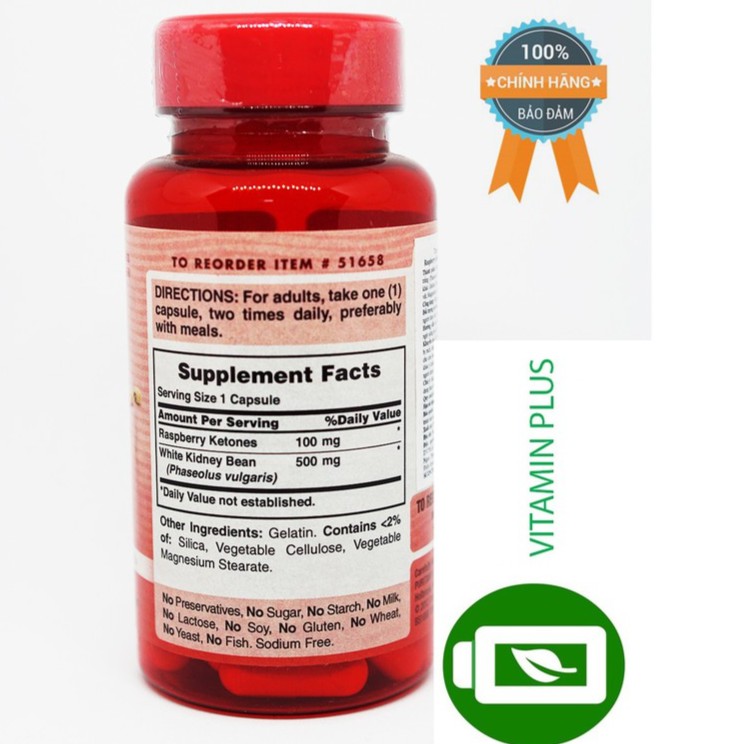 Viên uống hỗ trợ giảm cân Puritan's Pride Raspberry Ketones & White Kidney Bean 600mg Complex 60 viên | BigBuy360 - bigbuy360.vn