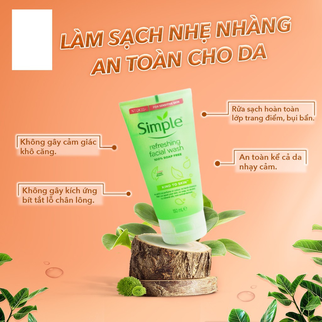 Sữa rửa mặt dưỡng ẩm dịu nhẹ Simple kind to skin refreshing facial wash gel 150ml Auth Hàn Quốc