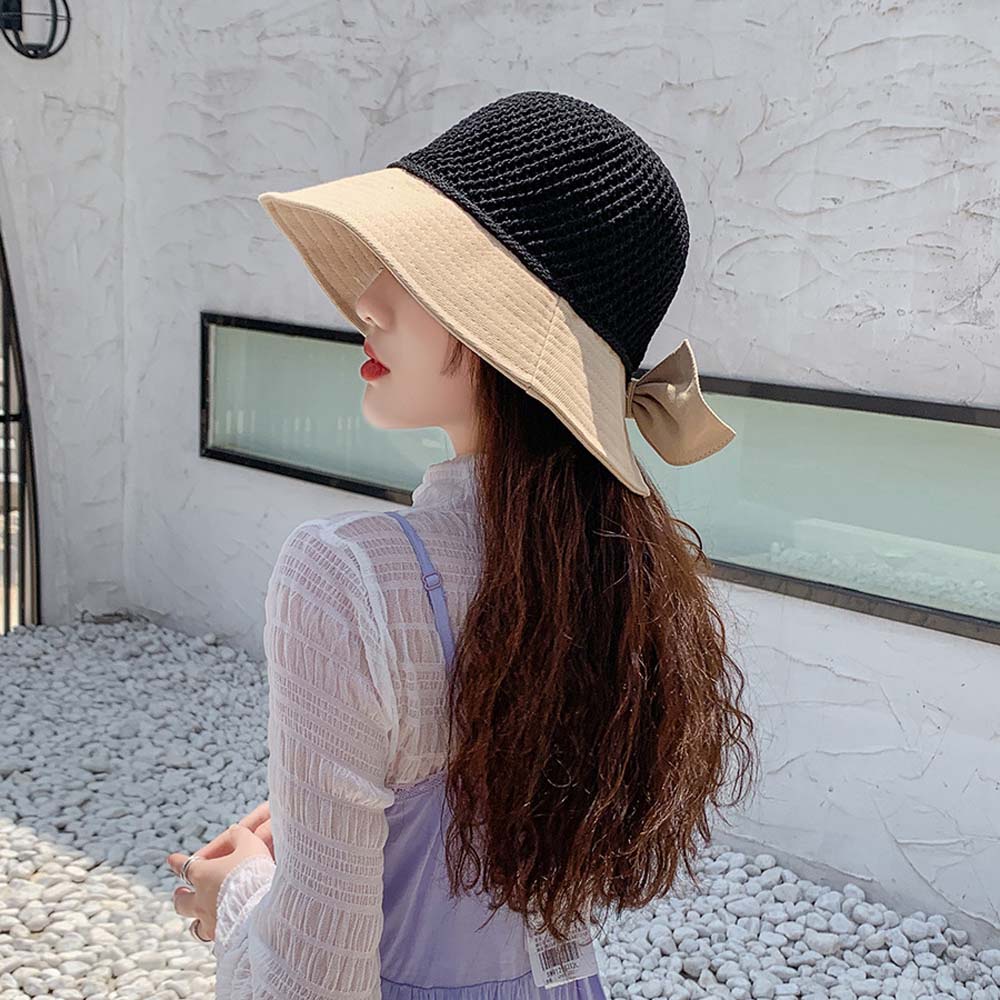 USNOW Personality Bucket Hat Trendy Bow Cap Sun Hat Women Cloth Summer Foldable Japanes Breathable Flax/Multicolor