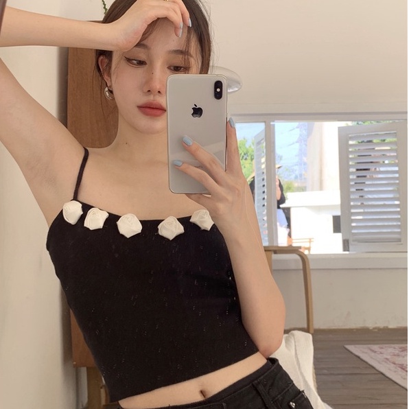 【ZHELIHANGFEI】 / Áo Hai Dây Dệt Kim Họa Tiết Hoa Hồng Ba Chiều Gợi Cảm