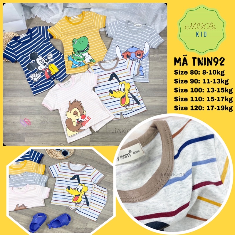 TNin92 Bộ Ngắn Tay Cotton Hàn Sọc In Hoạt Hình Cho Trẻ Từ 8kg đến 19kg