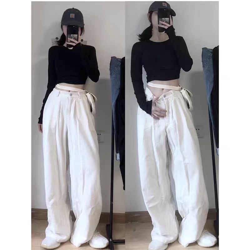 Quần kaki nhung ống rộng oversize Ulzzang unisex màu trắng siêu chất 🤎