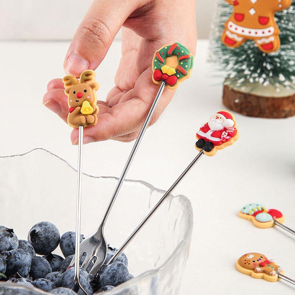 WTTLE Bộ 6 Muỗng Nĩa Ăn Tráng Miệng Bằng Thép Không Gỉ Hình Giáng Sinh Năm Mới