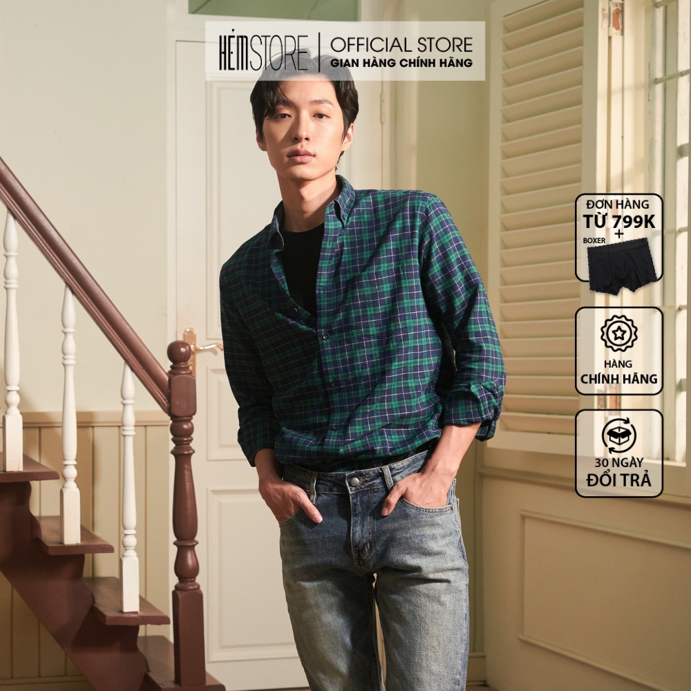 | Satoshi | Sơmi tay dài chất vải dạ kiểu caro màu xanh lá dáng ôm có túi trước ngực SASM61
