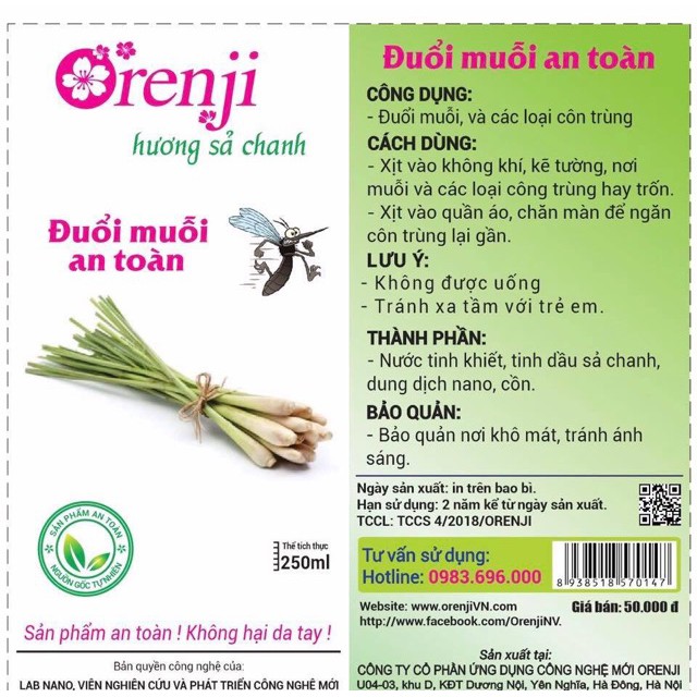 Xịt Đuổi Muỗi, Côn Trùng Tinh Dầu Sả Chanh ORENJI Hữu Cơ An Toàn Tiện Lợi 250ml - 8938518570307
