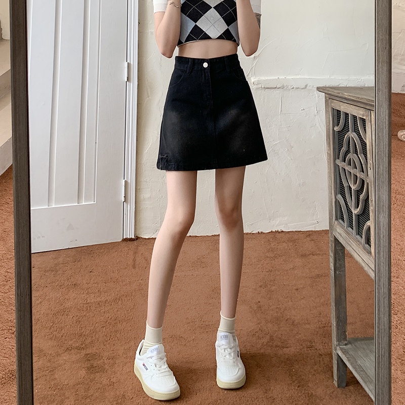 Chân váy jean Chữ a Lưng Cao Màu Xám Đen Phong Cách retro Thời Trang Hàn Quốc Cho Nữ