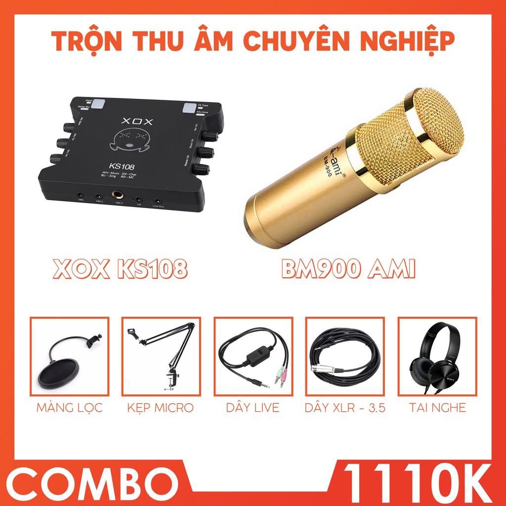 [COMBO] Trọn bộ thu âm chuyên nghiệp soundcard XOX KS108 với micro thu âm BM900 Ami chuyên livestream, thu âm