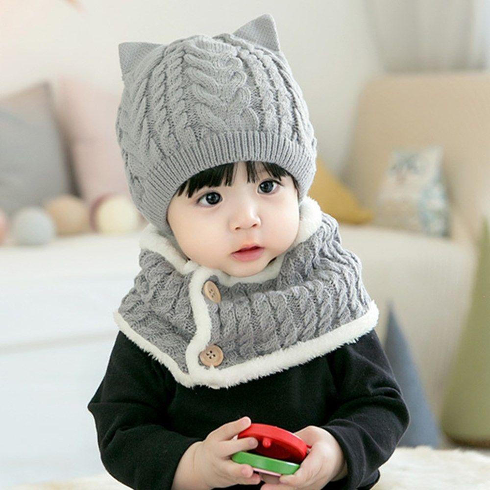 Set 1 Mũ Len Kèm Khăn Choàng Cổ Màu Trơn Giữ Ấm Mùa Đông Cho Bé