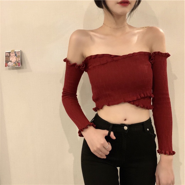 Áo trễ vai croptop chéo ngực