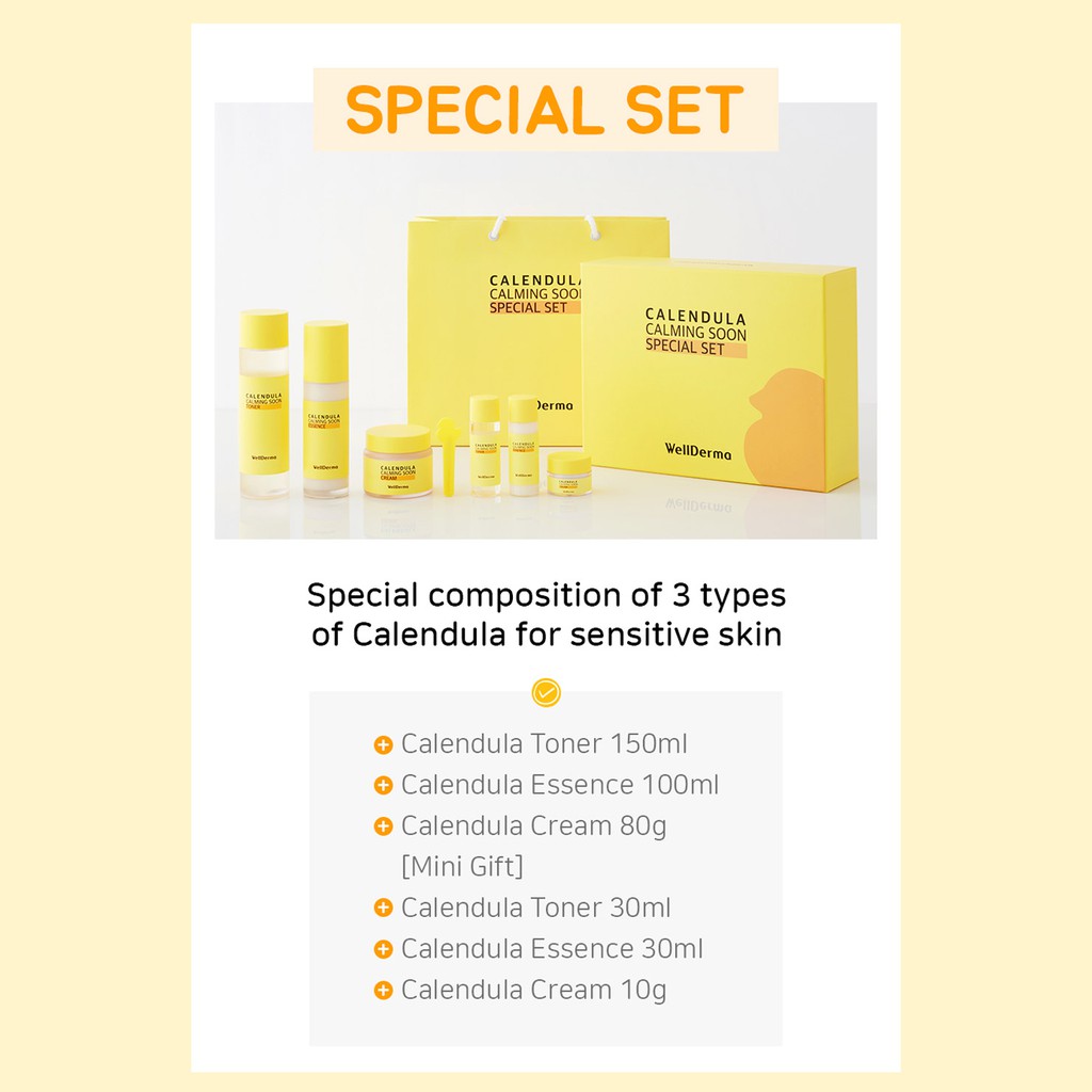Bộ 3 sản phẩm dưỡng da cơ bản Wellderma Calendula Calming Soon Special Set