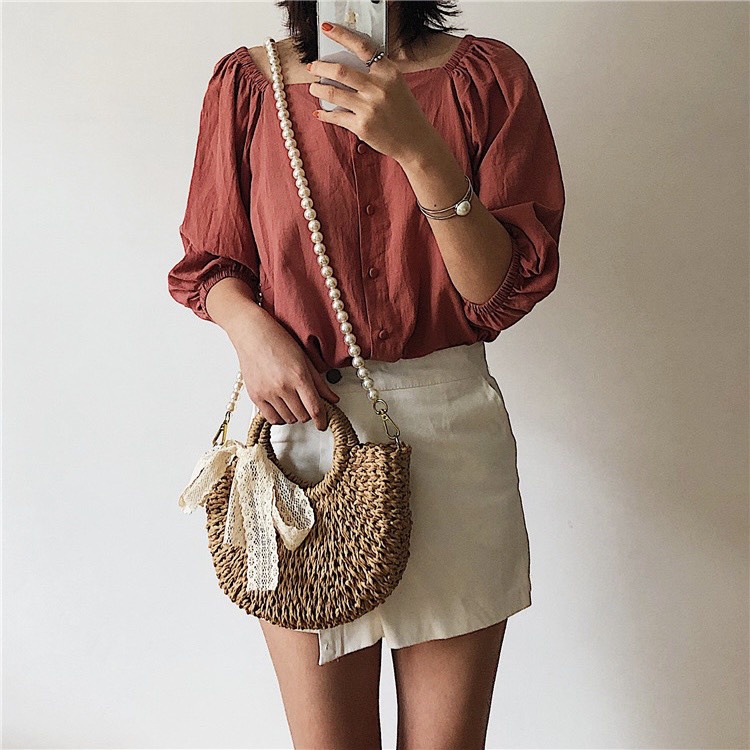 Túi cói bán nguyệt đeo chéo dây ngọc phụ kiện vintage chụp ảnh đi biểb