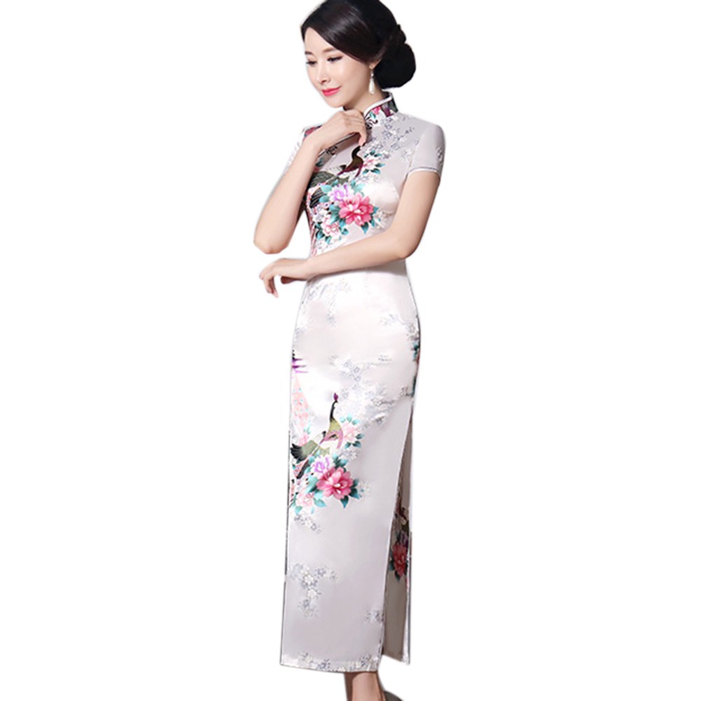 Peacock Print Women Chinese Long Cheongsam Bridesmaid Evening Dress | BigBuy360 - bigbuy360.vn