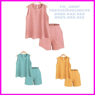 Set áo khoét nách quần sooc cạp chun vải đũi co giãn 2 chiều Jooen mùa hè phong cách Hàn Quốc cao cấp