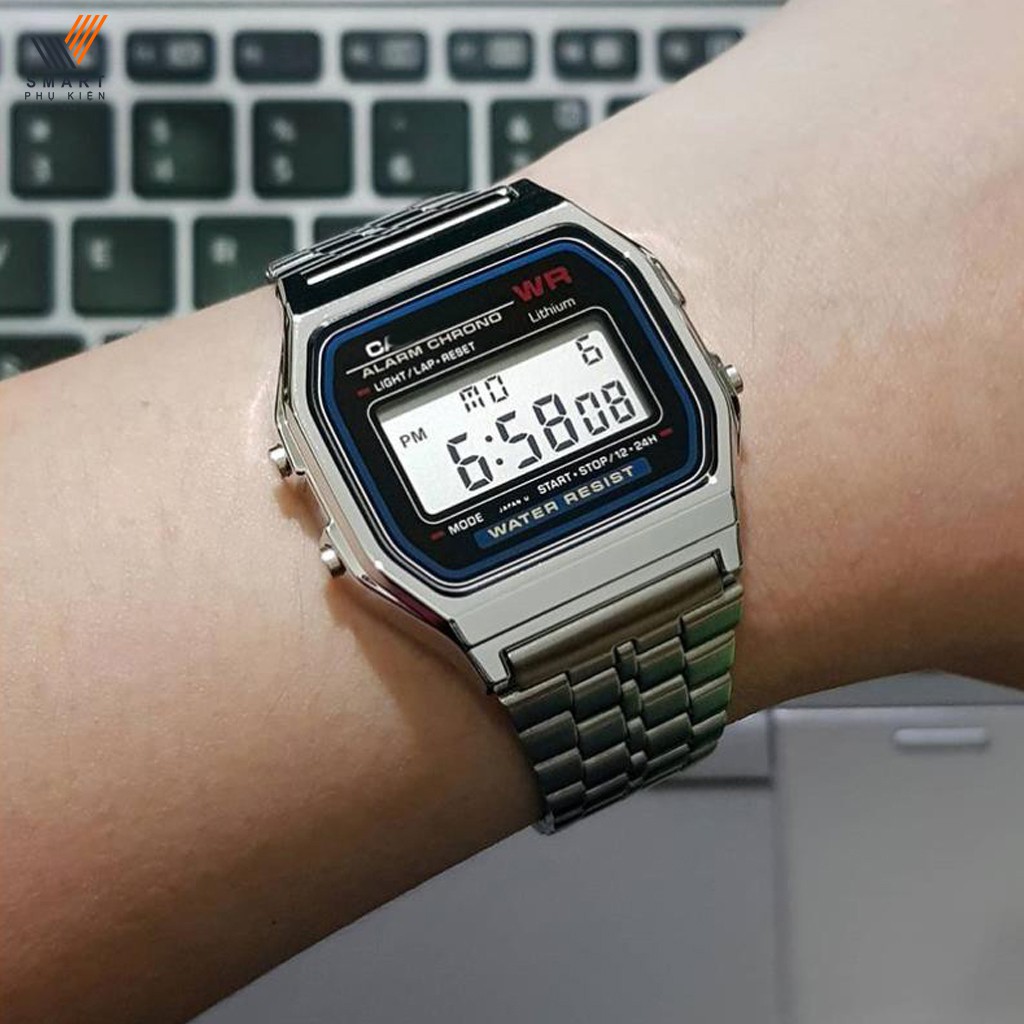 Đồng hồ điện tử đôi nam nữ A159 WA, Classic chống nước, Dây đeo tay Inox bạc mặt vuông, Unisex sang trọng trong công sở