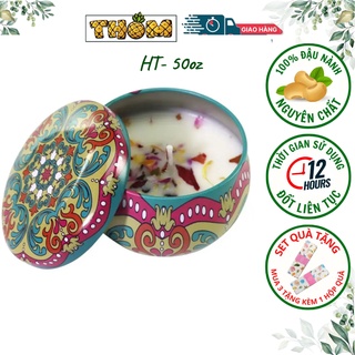 Nến thơm hoa khô thiên nhiên HT50 Hộp thiếc cao cấp - 100% Sáp Đậu Nành