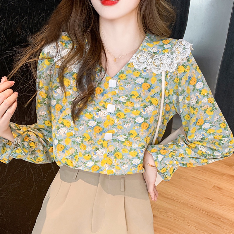 Áo chiffon dáng rộng tay dài họa tiết hoa thời trang dịu dàng cho nữ viền ren cổ