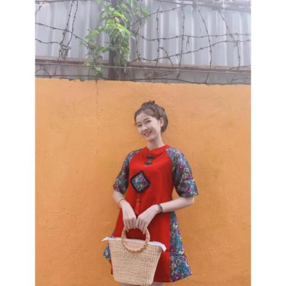 Áo dài cách tân phong cách, đầm đỏ sườn xám phối gấm hoa cao cấp | BigBuy360 - bigbuy360.vn