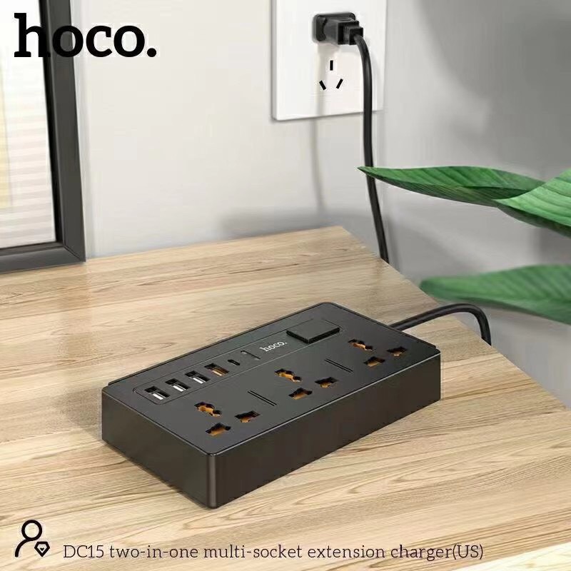 Ổ điện đa năng, thông minh 4 cổng USB và 1 cổng Type-C,3 ổ cắm điện 220v an toàn chống cháy nổ Hoco DC15 Chính hãng