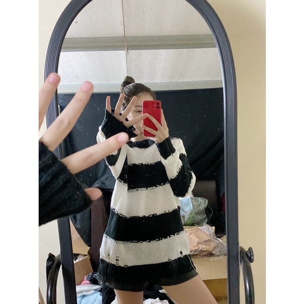Áo len nữ mỏng oversize kiểu rách cá tính hàng len QC