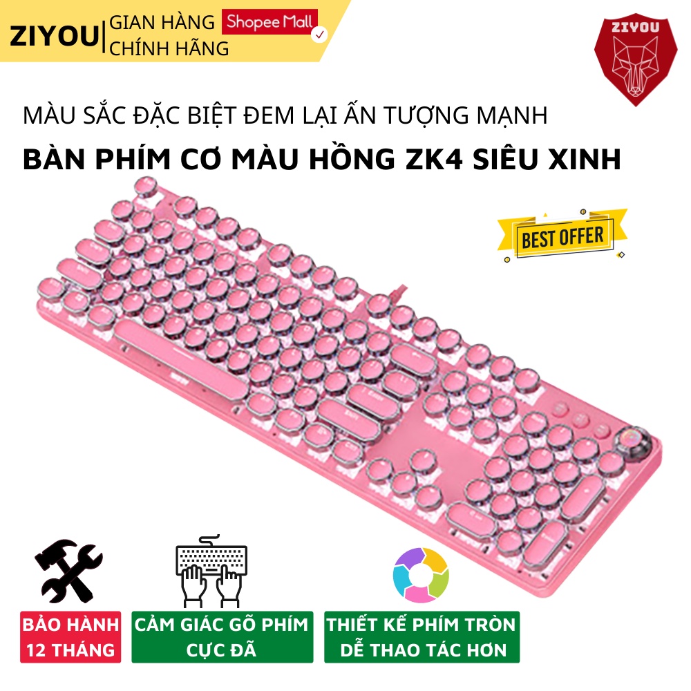 Bàn phím cơ gaming có dây ZIYOU T900 màu hồng cực xinh, có LED RGB 10 chế độ khác nhau, cho máy tính, PC, Latop