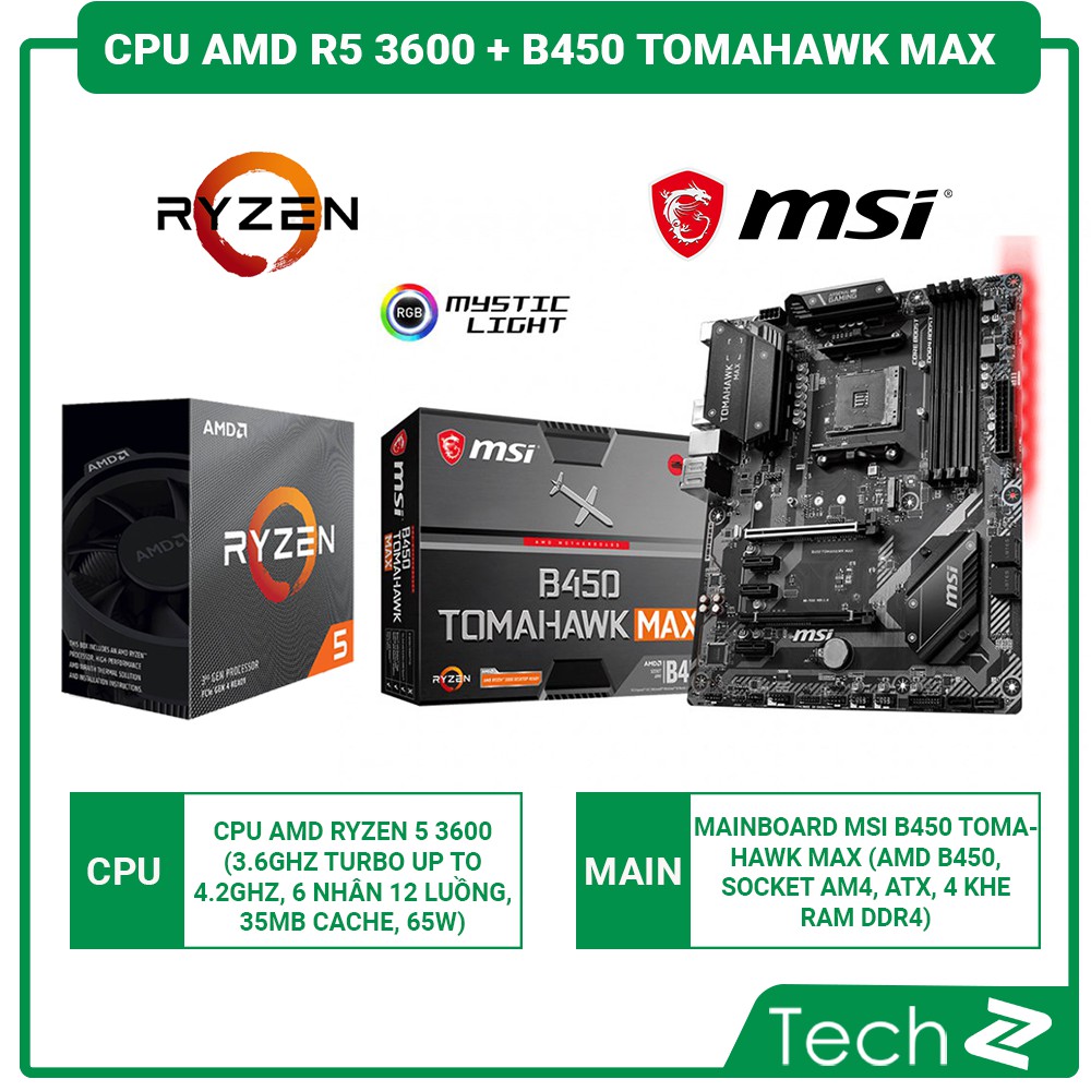 Combo CPU AMD Ryzen 5 3600 + Mainboard MSI B450 TOMAHAWK MAX