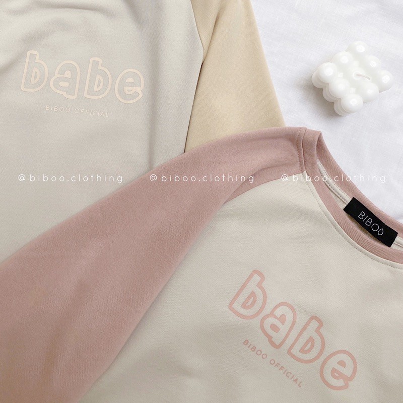 BIBOO - Áo thun raglan tay lửng form rộng in chữ BABE