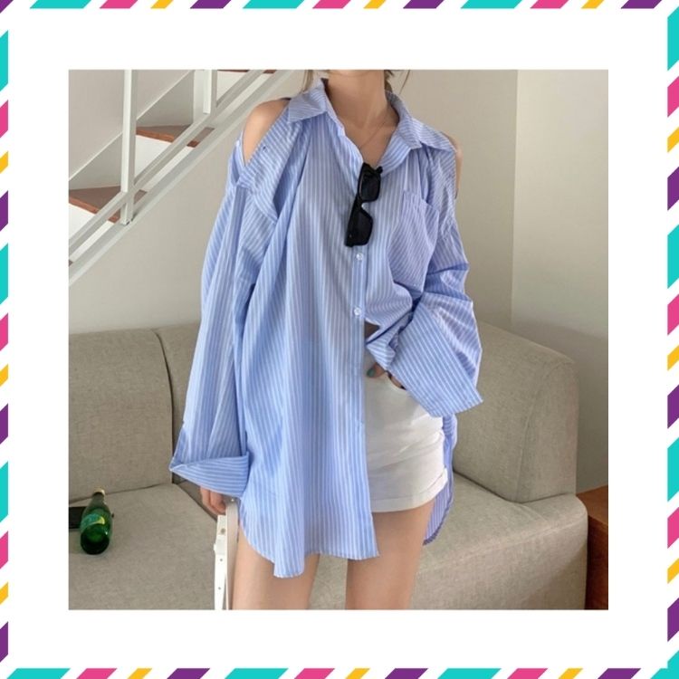 Áo sơ mi nữ, cài cúc vai, dáng dài from rộng, màu xanh kẻ sọc freesize phong cách ulzzang (Hàng Order)
