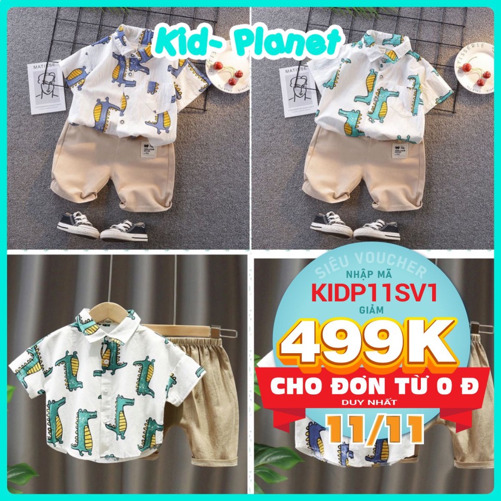 Set sơ mi cộc tay khủng long quần kaki cho bé trai mặc xuân hè (N00652)