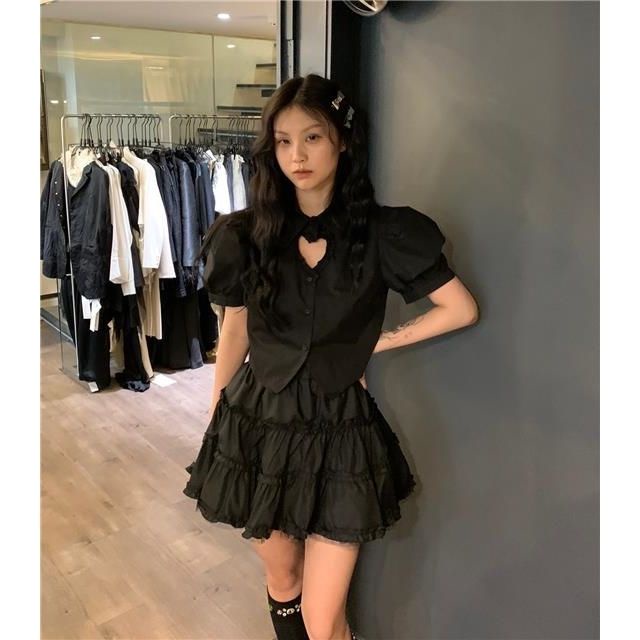 Set Áo Sơ Mi Tay Phồng Kèm Chân Váy Ngắn Xếp Tầng Thời Trang Mùa Hè Dành Cho Nữ