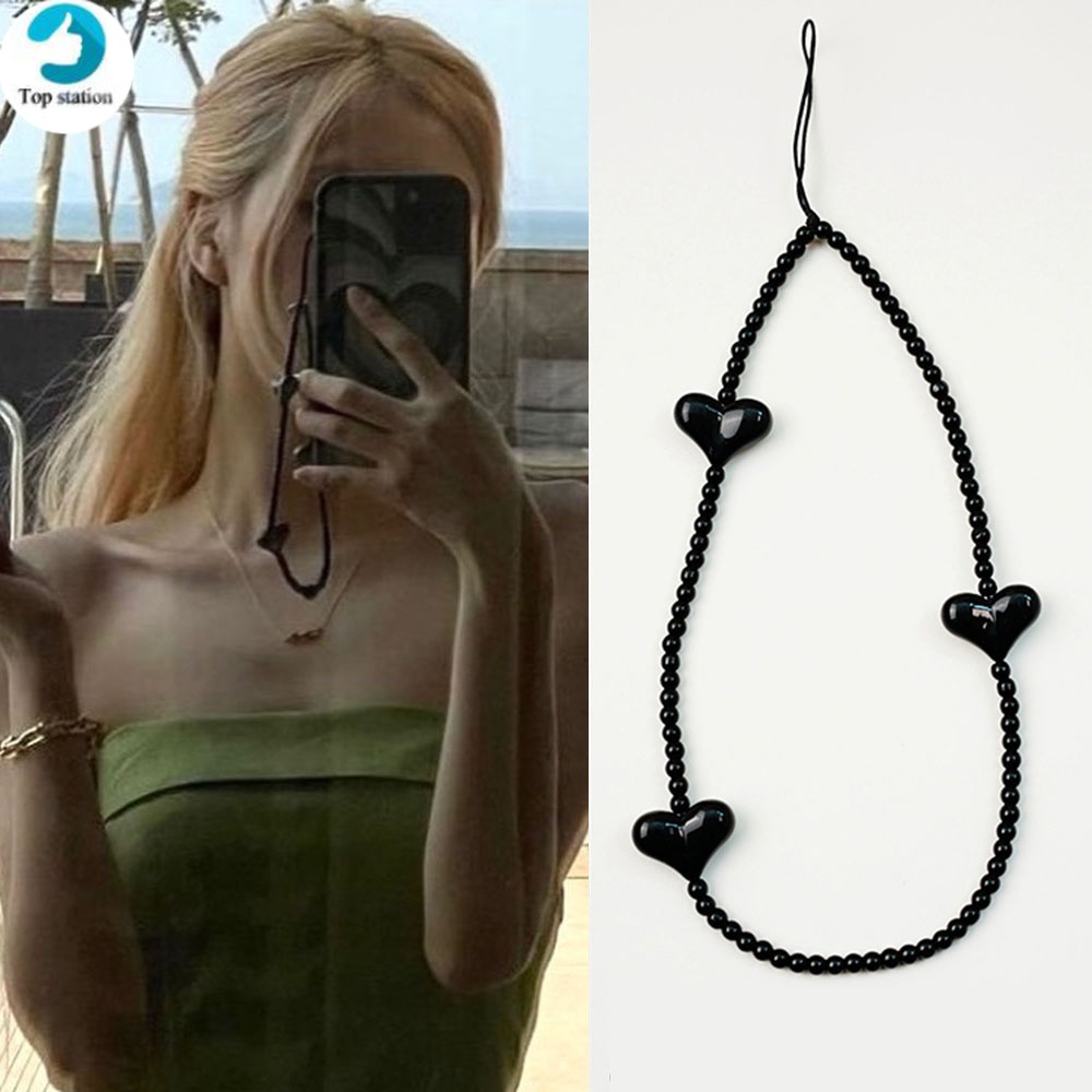 Dây Đeo Điện Thoại/Móc Khóa Xỏ Hạt Hình Trái Tim Màu Đen Sáng Tạo Diy
