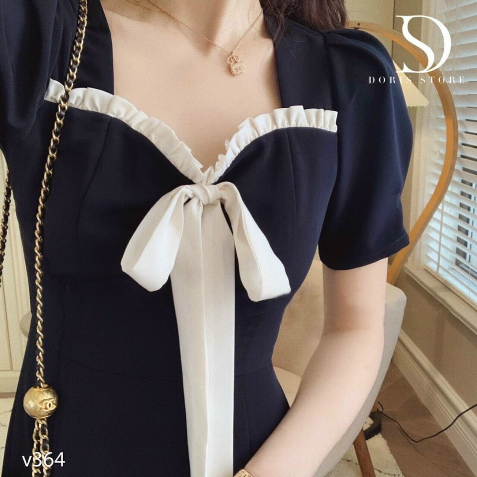 Đầm nữ kết nơ phối voan mềm màu đen | BigBuy360 - bigbuy360.vn