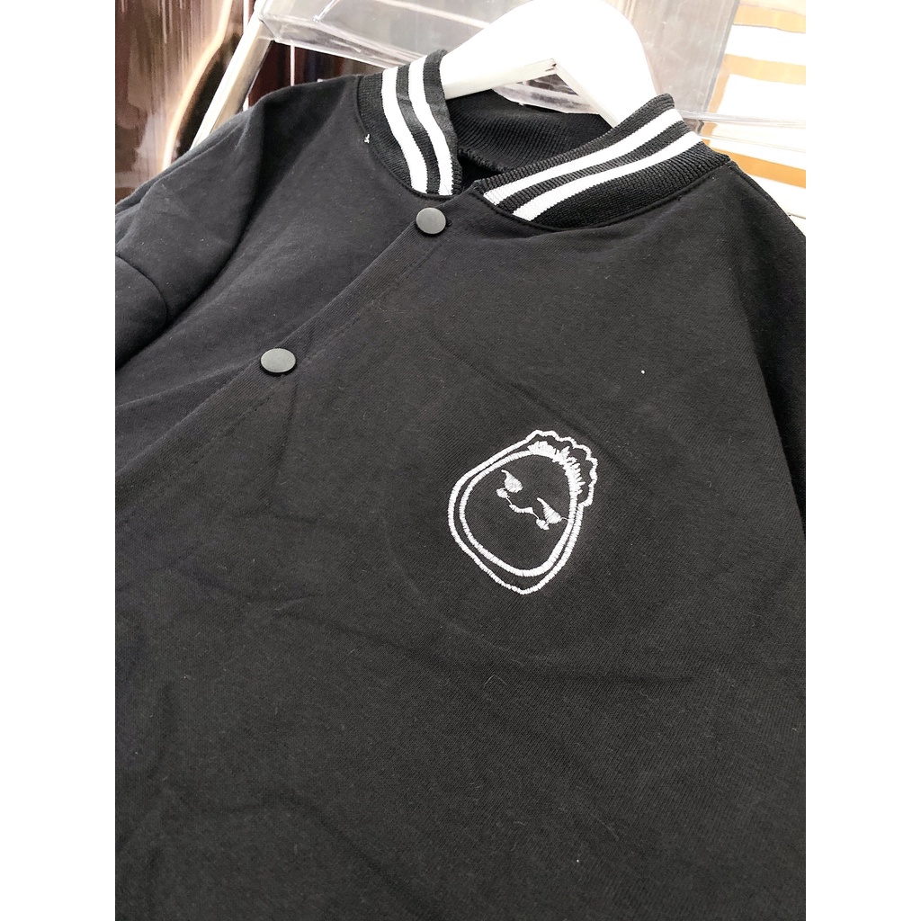 Khoác Bomber Unisex Nam Nữ Thêu Ngực Cậu Bé Dáng Rộng Viền Cỏ Tay Bồng Basic
