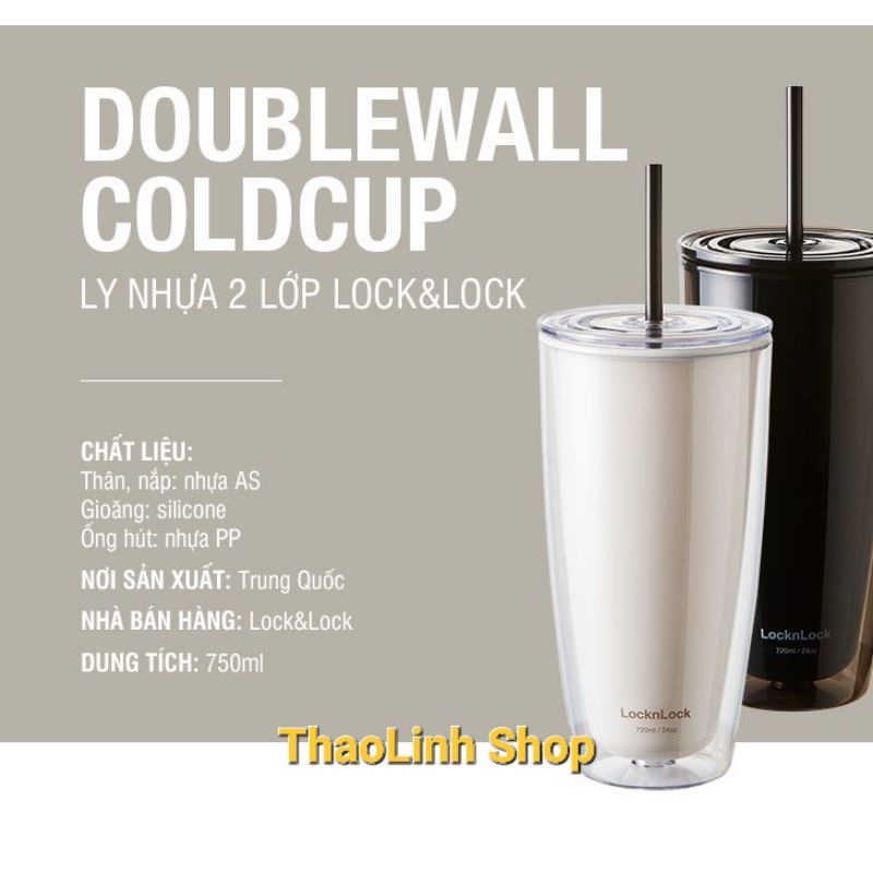 Ly nhựa 2 lớp Lo&amp;Lock kèm ống hút và cây cọ rửa ống hút HAP507  màu ngà/màu đen - Hàng chính hãng