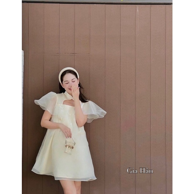 ĐẦM TƠ BABYDOLL CỔ KHOÉT TAY BỒNG ĐÍNH CÁNH BƯỚM SIÊU XINH - Váy babydoll tơ phối cách điệu