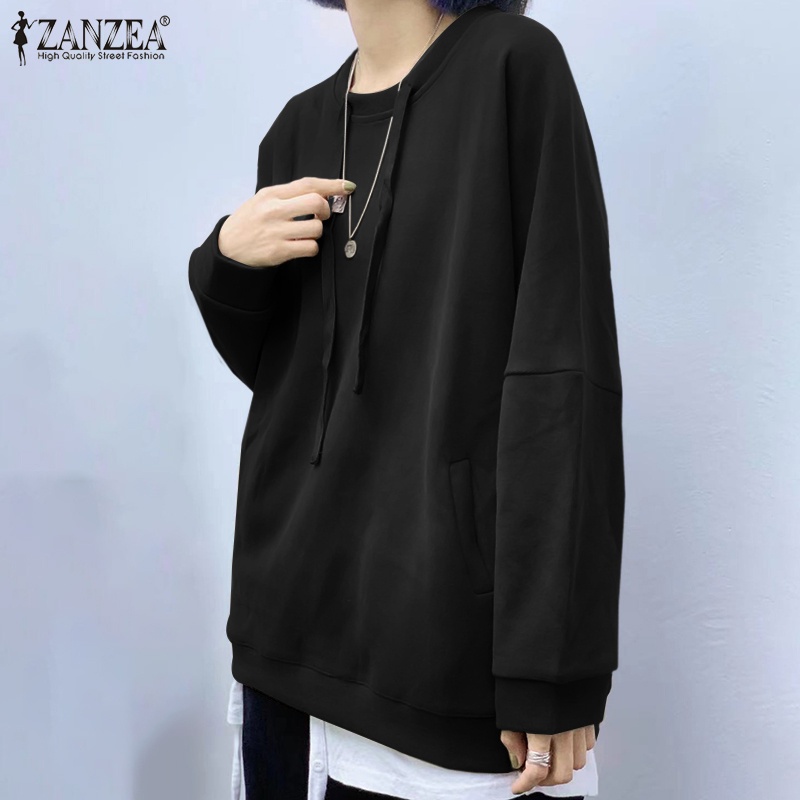 Áo khoác hoodie ZANZEA màu trơn cổ tròn tay dài thời trang dành cho nữ