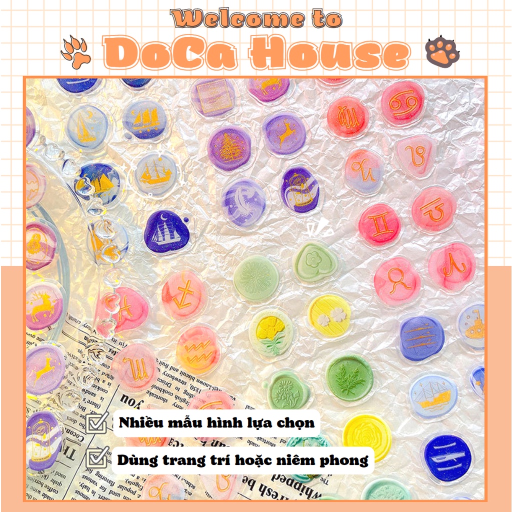 Set 12 Sticker Dấu Ấn, Miếng Dán Sáp Niêm Phong Tráng Nhũ Lấp Lánh Trang Trí Sổ Tay DIY