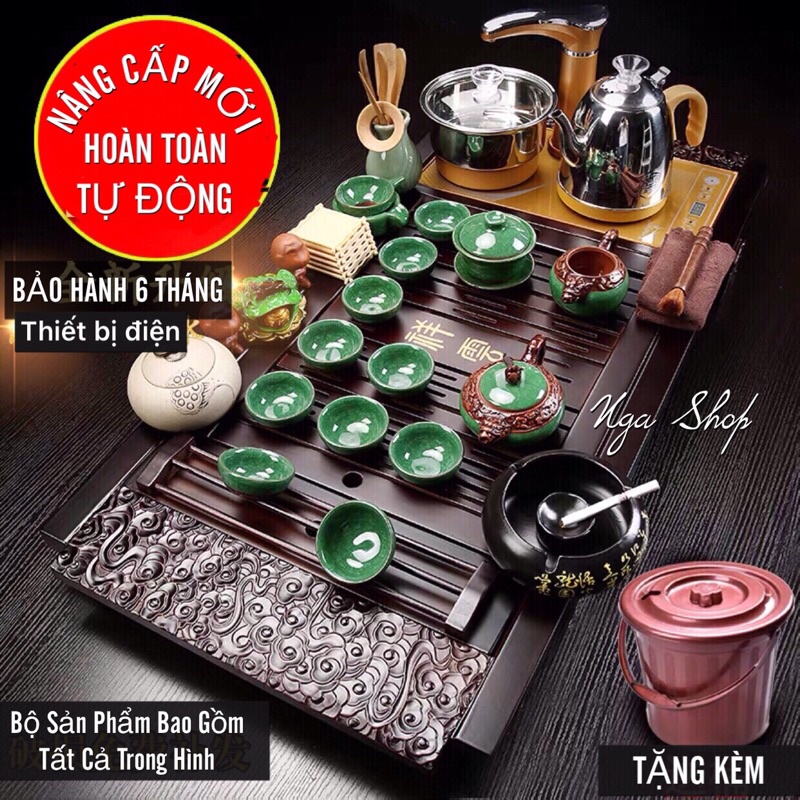 Bộ Bàn trà điện thông minh ,thiết bị đun nước inox cảm ứng tự động , Khay trà đạo nan gỗ màu nâu đen -08