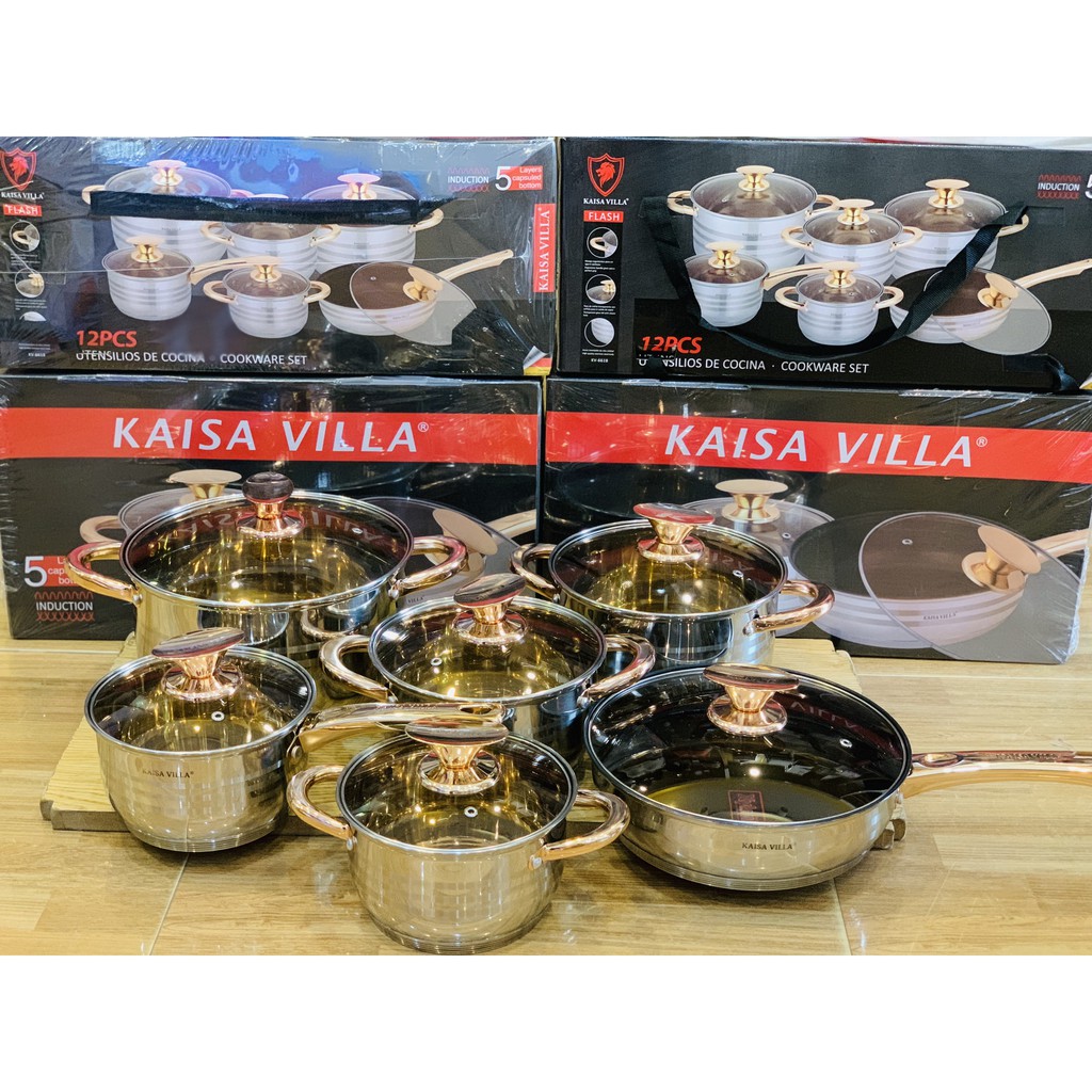 Bộ nồi Đức KAISA VILLA 6 món 12 chi tiết, Dùng Cho Mọi Loại Bếp Điện, Bếp Từ, Bếp Ga Chống Gỉ, Chống Xước