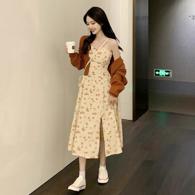 Set váy maxi hoa nhí 2 dây cúp ngực mix áo cadigan len tăm dày dặn hàng cao cấp